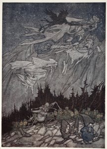 As montanhas de Kaatskill sempre foram assombradas por seres estranhos, de Rip Van Winkle por Washington Irving, pub. 1910 de Arthur Rackham