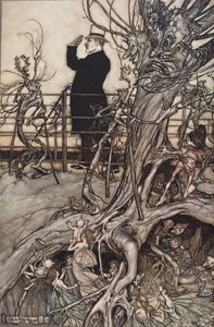 Os Kensington Gardens estão em Londres, onde vive o Rei...", de Peter Pan em Kensington Gardens por J M Barrie (1860 - 1937), pub. 1906 (cor litho) de Arthur Rackham