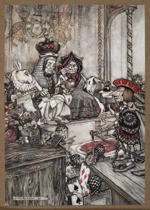 O Knave de Corações no cais perante a Rainha e o Rei de Corações acusado de roubar as tortas de Arthur Rackham