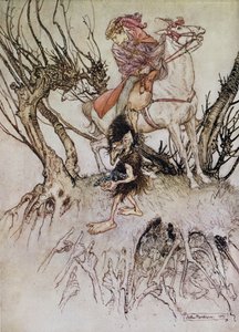 O cavaleiro Hulbrand com um gnomo, ilustração para o conto &39;Undine&39; pelo barão de la Motte Fouque, 1909 de Arthur Rackham