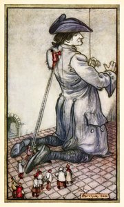 Os alfaiates liliputianos medem Gulliver para uma nova vestimenta da Parte I: Uma Viagem para Lilliput em Gullivers Viaja por Jonathan Swift de Arthur Rackham