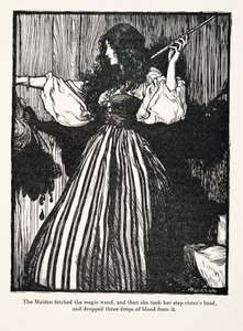 A Donzela pegou a varinha mágica, e então ela pegou a cabeça das irmãs adotivas e soltou três gotas de sangue do bar The Fairy Tales dos Irmãos Grimm. 1909