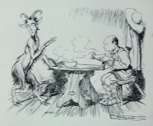 O Homem e o Bode, ilustração de "As Fábulas de Ésopo", publicado por Heinemann de Arthur Rackham