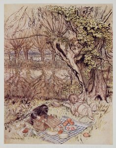 O Mole pediu como um favor a ser autorizado a descompactar tudo sozinho, de Wind in the Willows por Kenneth Grahame (1859 - 1932), pub. 1940 de Arthur Rackham