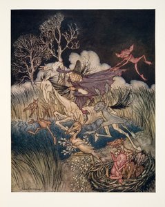 O pesadelo, com seu todo nove vezes , de The Legend of Sleepy Hollow por Washington Irving (1783 - 1859), pub. 1928 de Arthur Rackham