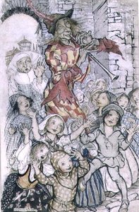 A flauta de Hamelin, ilustração para o poema de Robert Browning (1812-89) pub. 1934 (caneta e tinta, aguarela sobre papel) de Arthur Rackham
