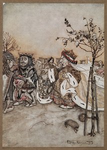 A Rainha de Copas a gritar com raiva depois do jogo de croquete de Arthur Rackham