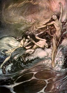 As donzelas do Reno obtêm a posse do anel e o tiram em triunfo c1911 de Arthur Rackham
