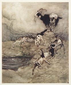 Os Sete Garotos e sua mãe se divertiram e dançaram ao redor da primavera em sua alegria, de Os Contos de Fadas dos Irmãos Grimm, pub. 1909 de Arthur Rackham