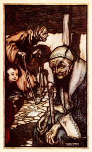 The Struldbrugs infelizes imortais sem eterna juventude que são declarados da Parte III: Uma viagem a Laputa, Balnibarbi, Luggnagg, Glubbdubdrib e Japão em Gullivers Travels por Jonathan Swift de Arthur Rackham