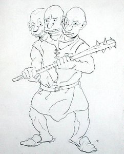 O Gigante de Três Cabeças (caneta e tinta sobre papel) de Arthur Rackham