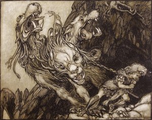 O décimo segundo trabalho de Hércules, ilustração dos heróis gregos por BG Niebuhr, 1903 (caneta e tinta e wc no papel) de Arthur Rackham