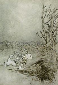 O coelho branco, ilustração de &39;Alice no país das maravilhas&39;, 1907 (caneta, tinta e wc no papel) de Arthur Rackham