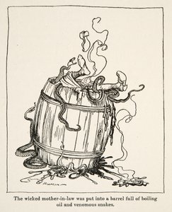 A sogra má foi colocada em um barril cheio de óleo fervente e cobras venenosas, de Little Brother & Little Sister e Outros Contos dos Irmãos Grimm, pub.1917 (litho) de Arthur Rackham