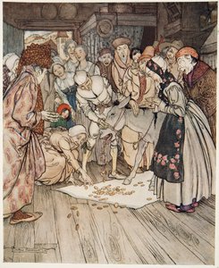 A Mesa dos Desejos, o Deus Asss e o Bastão na Mochila, de Pequeno Irmão e Irmãzinha e Outros Contos pelos Irmãos Grimm, pub.1917 de Arthur Rackham