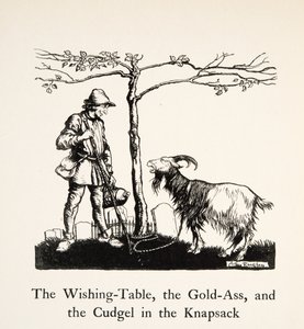 A Mesa dos Desejos, os Rabos de Ouro e o Cudgel na Mochila, de Little Brother & Little Sister e Outros Contos dos Irmãos Grimm, pub.1917 (litho) de Arthur Rackham