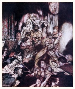 A sala de banquetes estava em tumulto. da pequena briga em contos de fadas irlandeses de Arthur Rackham