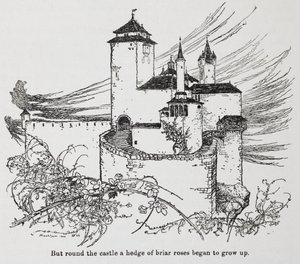 O castelo rodeado de espinhos de Briar Rose (Bela Adormecida) de Arthur Rackham