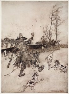 Os cachorros também, nenhum dos quais ele reconheceu por uma velha aquisição, latiu para ele quando ele passou, de Rip Van Winkle por Washington Irving, pub. 1910 de Arthur Rackham