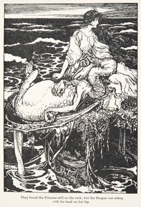 O encontrou a Princesa ainda na rocha, mas o Dragão estava dormindo com a cabeça no colo, do conto The Fairy Tales dos irmãos Grimm. 1909 de Arthur Rackham