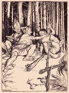 O gigante deu àquele que estava sentado ao seu lado uma caixa sobre a orelha. Ilustração de Arthur Rackham de Grimm