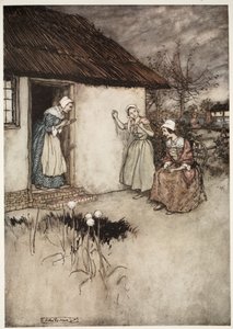 As boas esposas da aldeia nunca falharam, em suas fofocas noturnas, de colocar toda a culpa em Dame Van Winkle, de Rip Van Winkle de Washington Irving, pub. 1910 de Arthur Rackham