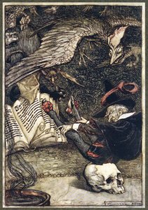 O homenzinho sentara-se no centro do círculo no grande crânio, do The Ingoldsby Legends, pub. 1907 de Arthur Rackham