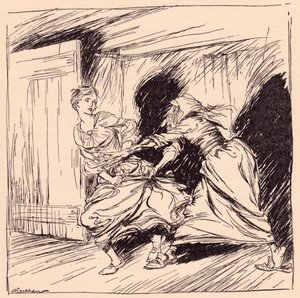 A velha mulher agarrou-a pela bata e tentou segurá-la com força. Ilustração de Arthur Rackham de Grimm