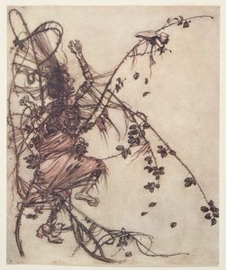 Quanto mais rápido ele tocava, mais ela tinha que pular de Os contos de fadas dos irmãos Grimm, pub. 1909 de Arthur Rackham