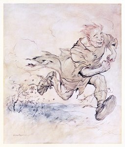 A batida de suas grandes botas cresceu tão contínua quanto o bater de pedras de granizo em um telhado, e o vento de sua passagem derrubou árvores. do Carl do casaco Drab em contos de fadas irlandeses de Arthur Rackham
