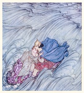 As ondas de todos os mundos pareciam passar por eles em um enorme tapete verde de Becuma da Pele Branca em contos de fadas irlandeses de Arthur Rackham