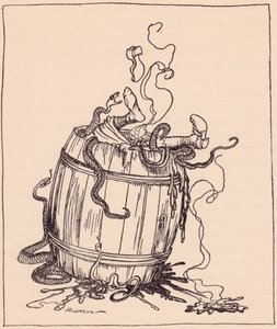A sogra malvada foi colocada num barril cheio de óleo a ferver e cobras venenosas. Ilustração de Arthur Rackham de Grimm