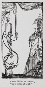 A rainha malvada a olhar-se ao espelho de Snowdrop (Branca de Neve) de Arthur Rackham
