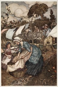 As mulheres da aldeia costumavam empregá-lo para fazer trabalhos tão pequenos que seus maridos menos gentis não fariam por eles, de Rip Van Winkle, do Washington Irving, pub. 1910 de Arthur Rackham