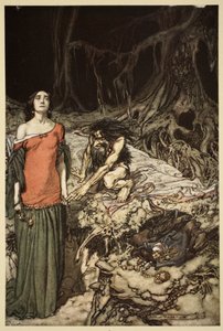 O cortejo de Grimhilde, a mãe de Hagen, de &39;Siegfried e o Crepúsculo dos Deuses&39;, 1910 de Arthur Rackham