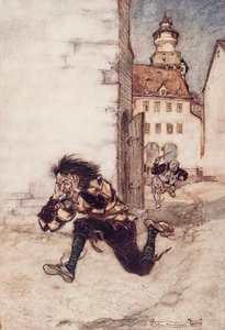 Então ele correu atrás dele, ainda segurando a faca, e chorou Apenas um, apenas um! dos contos de fadas dos irmãos Grimm, bar. 1909 de Arthur Rackham