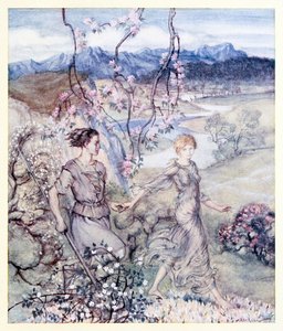 Então eles [Iollan e Tuiren] andaram de mãos dadas no país que cheira a flor de maçã e mel. do nascimento de farelo em contos de fadas irlandeses de Arthur Rackham