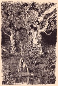 Lá ela sentou-se e teria permanecido sentada durante muito tempo se não tivesse havido um sussurro e rachaduras nos ramos da árvore mais próxima. Ilustração de Arthur Rackham de Grimm