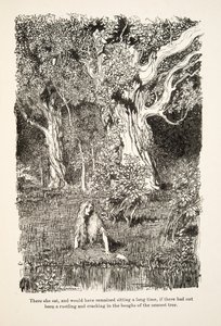 Lá estava ela sentada, e teria ficado sentada por muito tempo, se não tivesse havido um barulho e rachaduras nos ramos da árvore mais próxima, de Little Brother & Little Sister e Outros Contos dos Irmãos Grimm, pub.1917 (litho) de Arthur Rackham