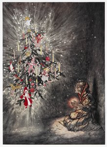 Ali estava ela sentada debaixo da bela árvore de Natal". Uma jovem rapariga a olhar para uma árvore de Natal brilhantemente iluminada. Ilustração a cores para a história, 
