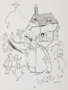 Havia uma senhora idosa que vivia num sapato. Mulher com um sapato-casa e muitas crianças. de Arthur Rackham