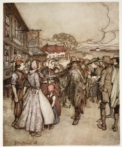 Eles se aglomeraram em torno dele, olhando im da cabeça aos pés com muita curiosidade., De Rip Van Winkle, de Washington Irving, pub. 1910 de Arthur Rackham