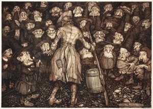 Eles olhavam para ele com um olhar tão fixo, parecido com uma estátua, que seu coração girava dentro dele e seus joelhos golpeavam juntos, de Rip Van Winkle, de Washington Irving, pub. 1910 de Arthur Rackham