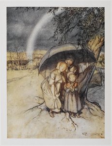 Três crianças abrigadas debaixo de um guarda-chuva com um arco-íris. "Chuva, vá para Espanha". de Arthur Rackham