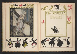 Página de título e frontispício de Cinderela, recontado por C.S. Evans, e ilustrado por Arthur Rackham de Arthur Rackham