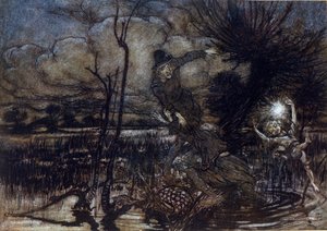 Dois personagens não se afogam no pântano, Puck ajuda-os com um incêndio. Ilustração de Arthur RACKHAM (1867-1939) para The Dream of a Summer Night de William SHAKESPEARE de Arthur Rackham