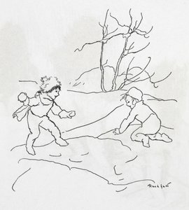 Duas crianças a terem uma luta de bolas de neve de Arthur Rackham
