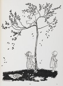 Duas crianças tentam tirar um gato de uma árvore. de Arthur Rackham