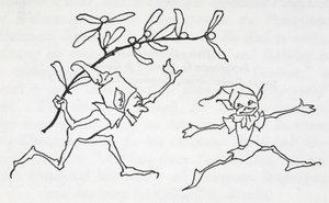 Dois duendes a brincar, um com um raminho de visco de Arthur Rackham