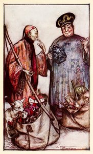 Dois desses sábios ... como vendedores ambulantes entre nós (expressando-se com coisas que carregam por aí) da Parte III: Uma Viagem a Laputa, Balnibarbi, Luggnagg, Glubbdubdrib e Japão em Gullivers Travels de Arthur Rackham